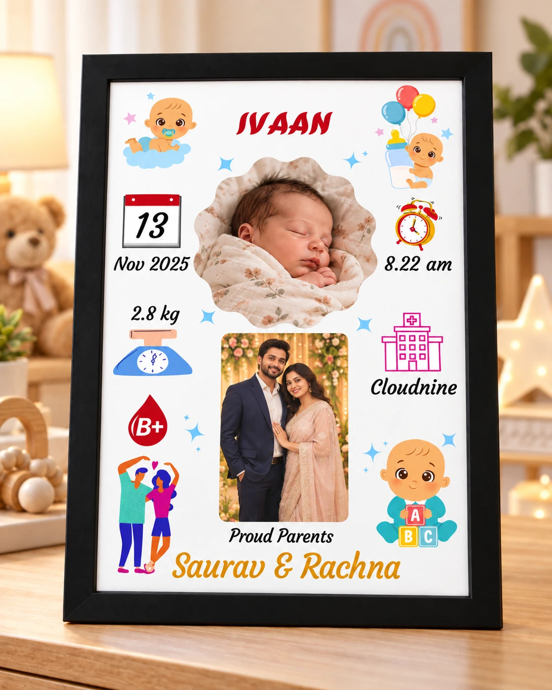 Personalised baby birth frame