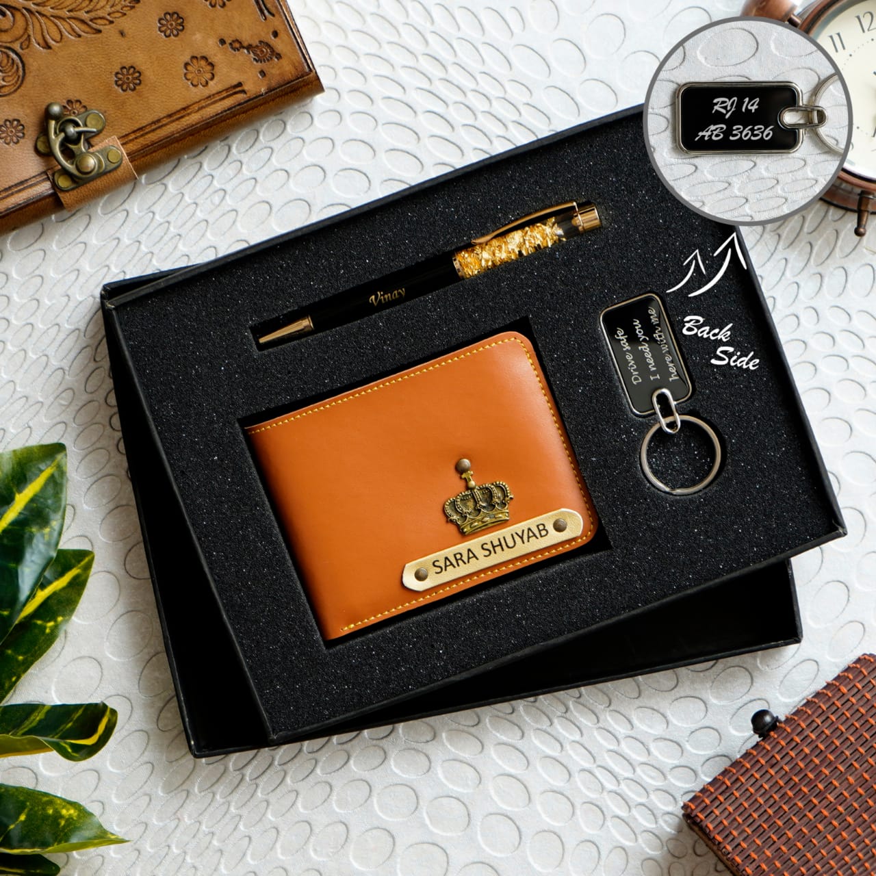 Customized Men's Wallet, keychain and pen Combo Tan